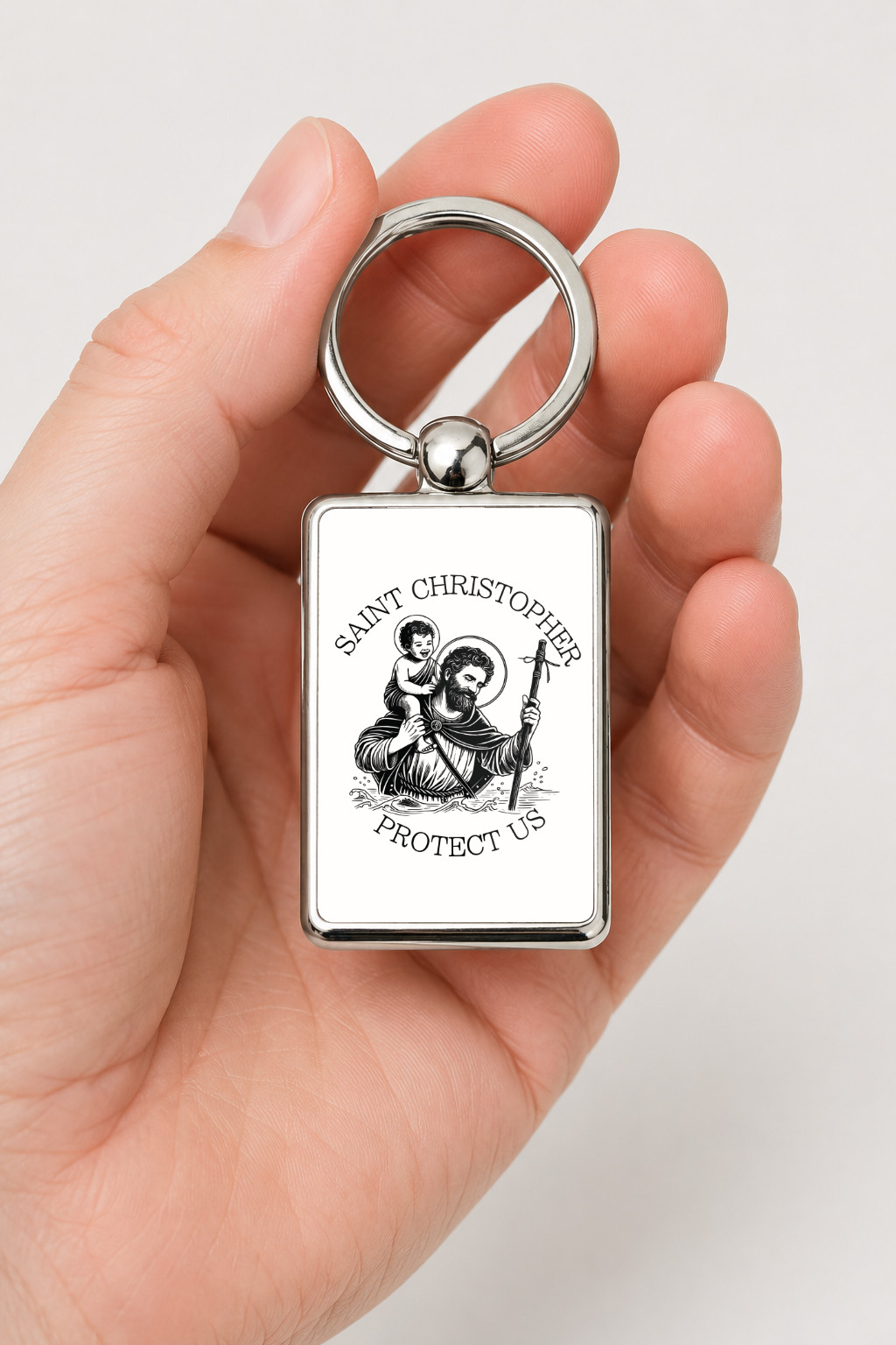 Saint Christopher Protect Us Keyring Double Sided Metal Keychain, Travel Prayer Gift, Patron Saint Traveler Keepsake
