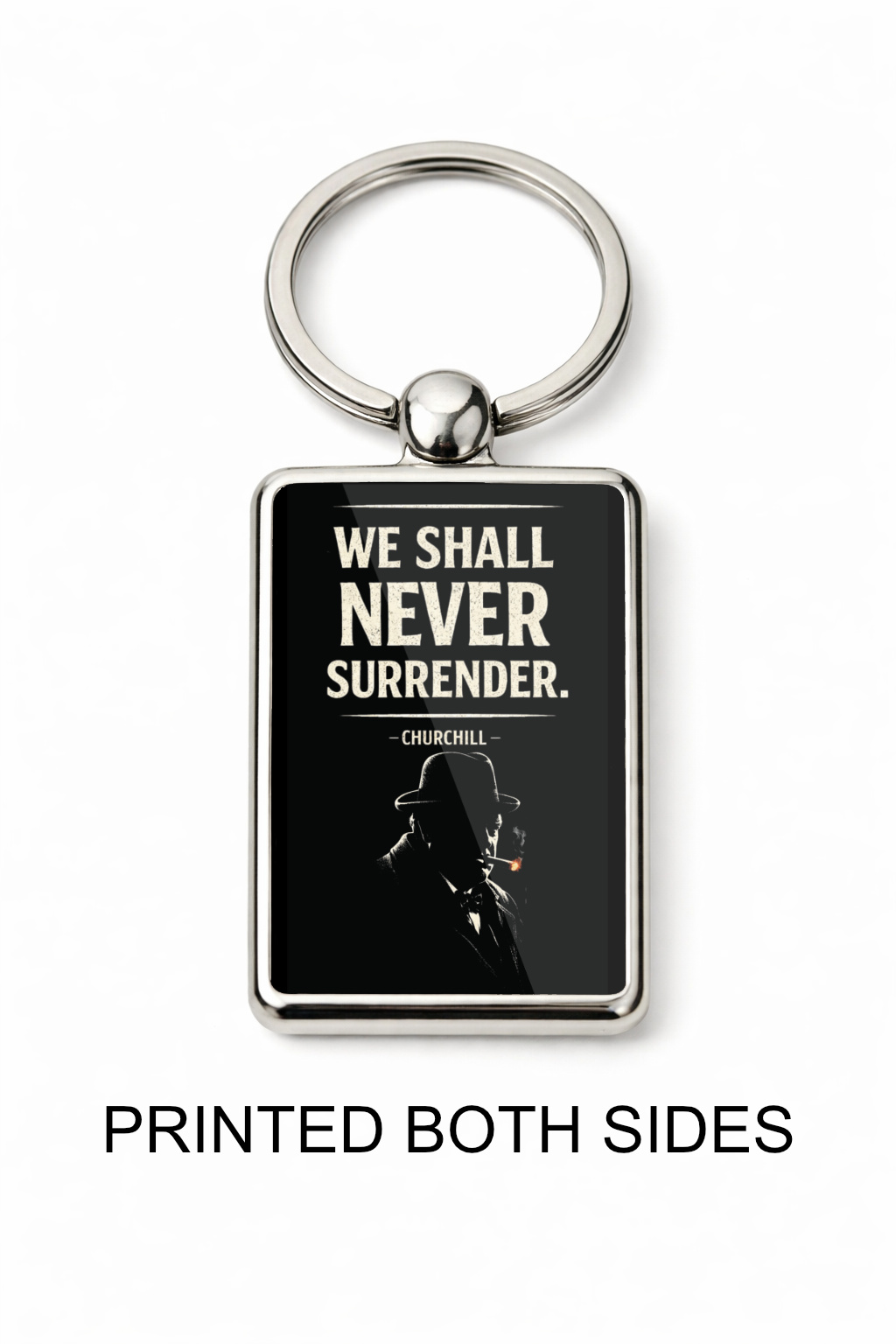 We Shall Never Surrender Keyring Double Sided Metal Keychain, Churchill Quote Gift, Inspirational British History Keepsake - Image 3
