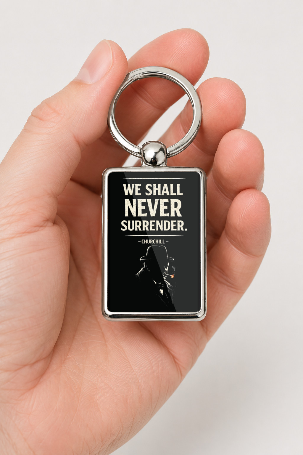 We Shall Never Surrender Keyring Double Sided Metal Keychain, Churchill Quote Gift, Inspirational British History Keepsake