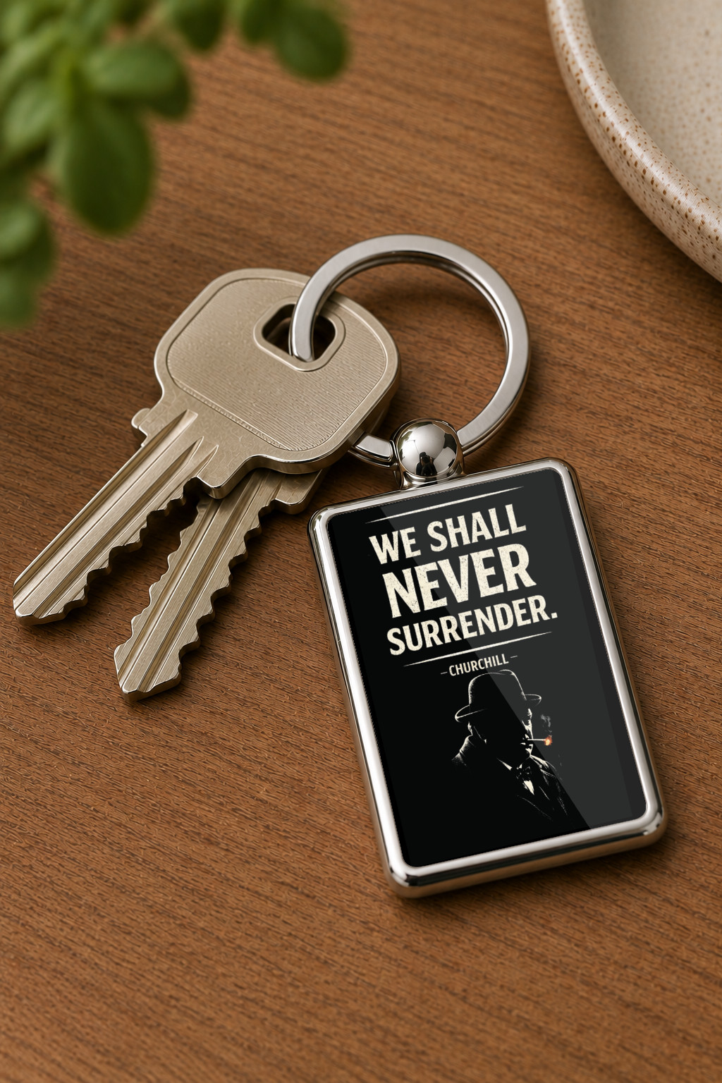 We Shall Never Surrender Keyring Double Sided Metal Keychain, Churchill Quote Gift, Inspirational British History Keepsake - Image 2