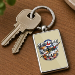 Spitfire 90th Anniversary Keyring Double Sided Metal Keychain, WWII Aircraft Gift, RAF Spitfire Souvenir, Aviation Gift