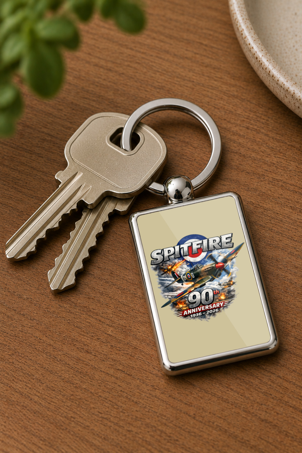 Spitfire 90th Anniversary Keyring Double Sided Metal Keychain, WWII Aircraft Gift, RAF Spitfire Souvenir, Aviation Gift