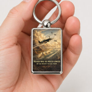 Battle of Britain Tribute Keyring Double Sided Metal Keychain, Never Was So Much Owed Gift, RAF Spitfire Memorial