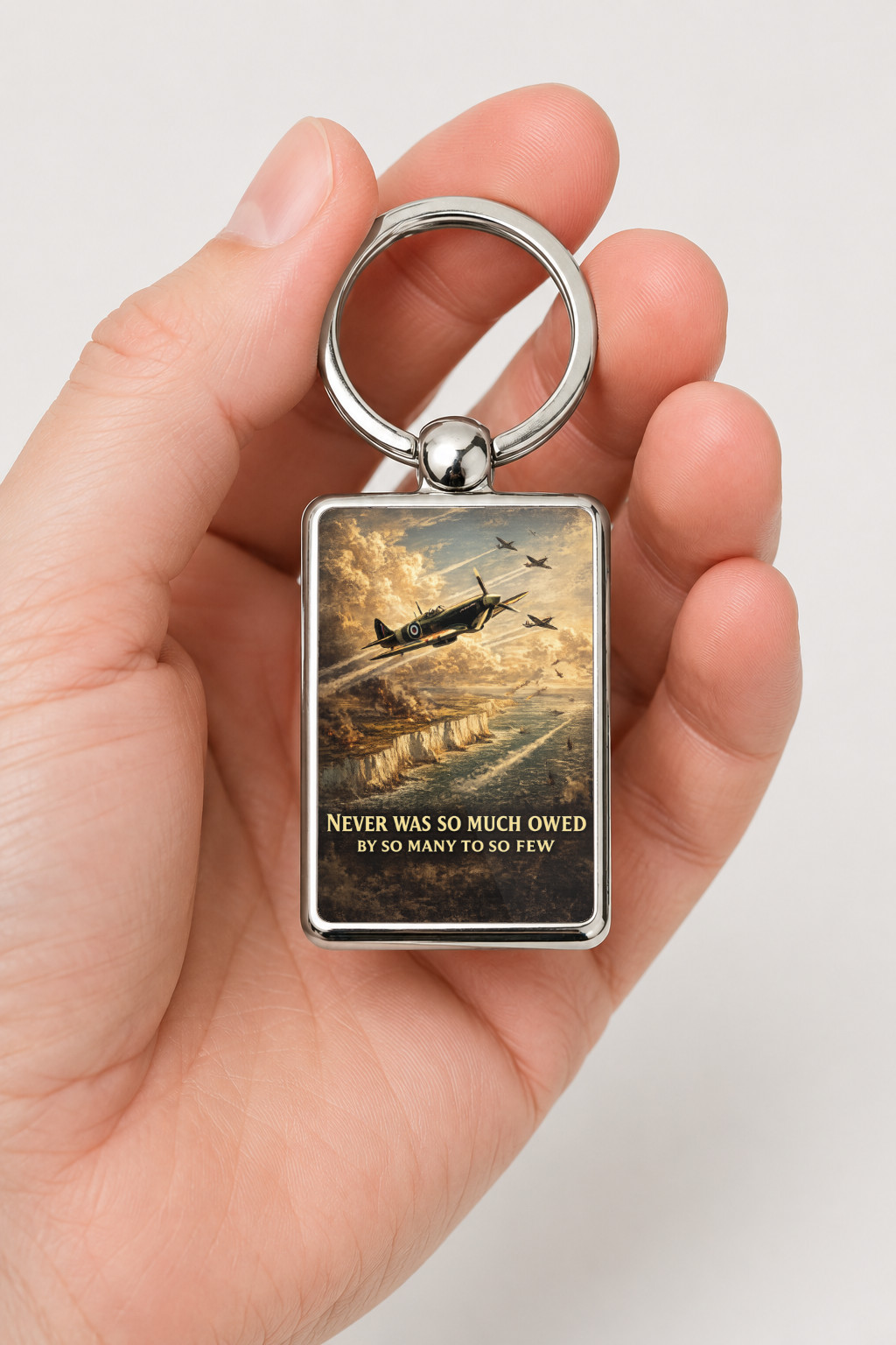 Battle of Britain Tribute Keyring Double Sided Metal Keychain, Never Was So Much Owed Gift, RAF Spitfire Memorial
