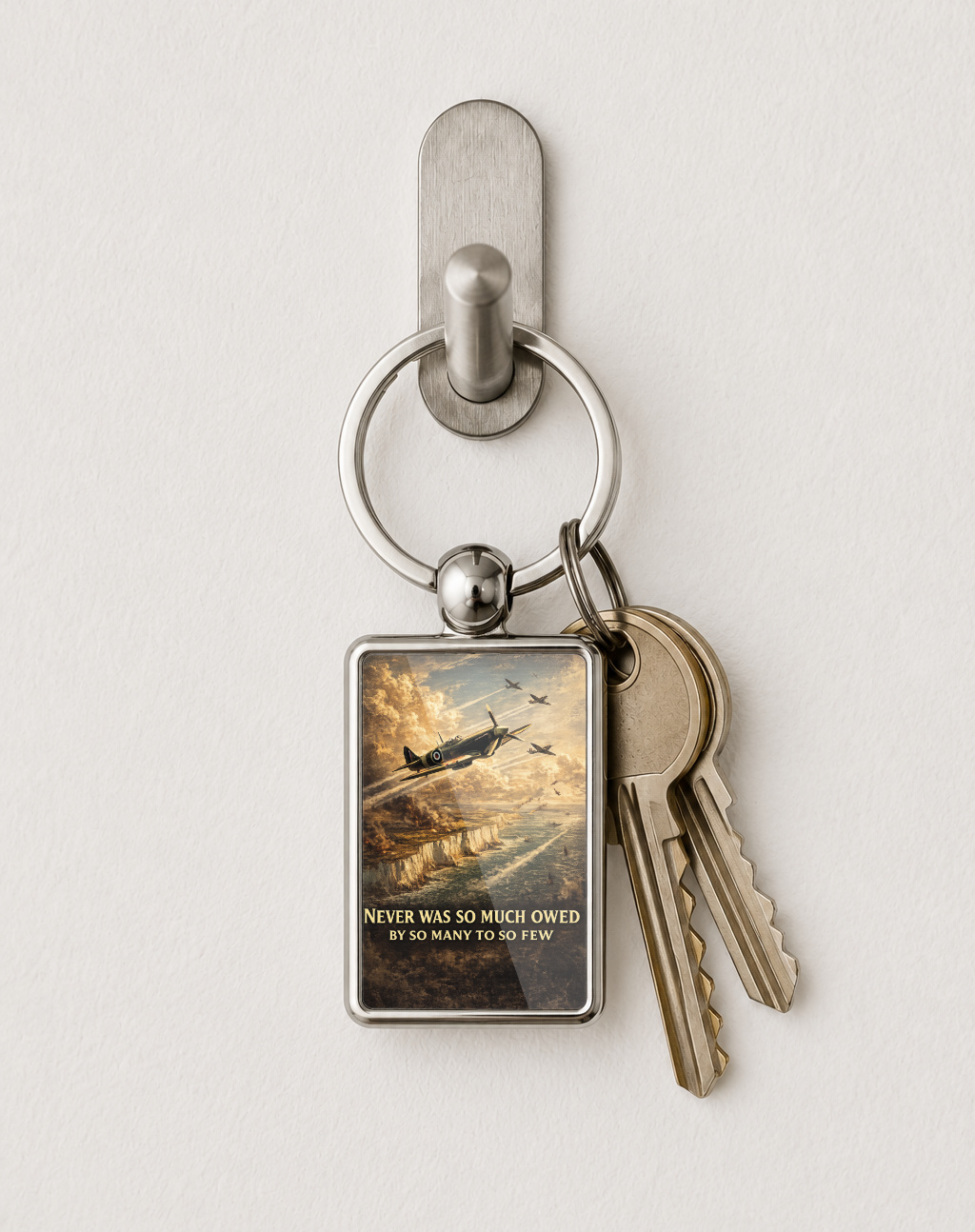 Battle of Britain Tribute Keyring Double Sided Metal Keychain, Never Was So Much Owed Gift, RAF Spitfire Memorial - Image 2