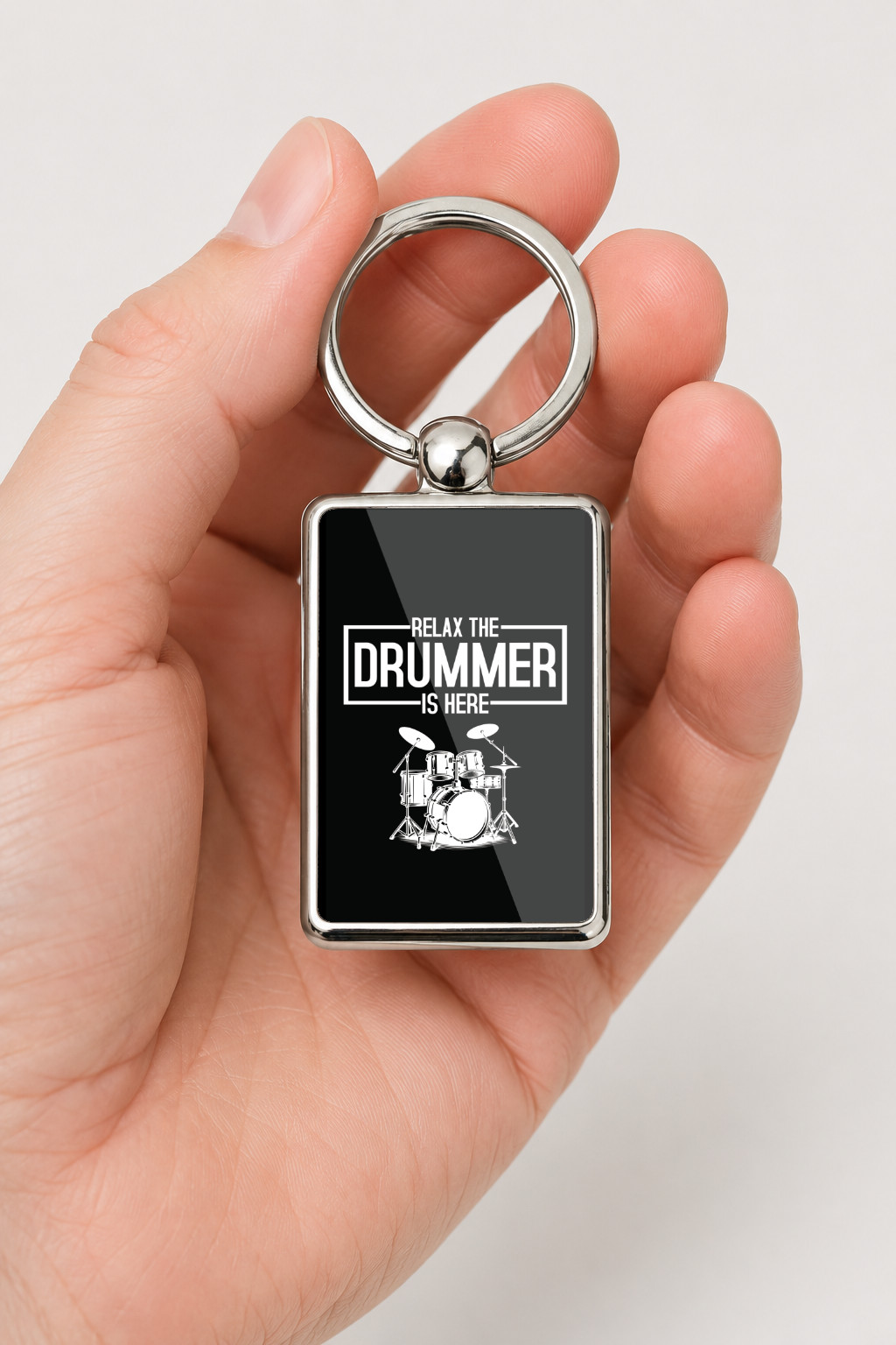 Relax The Drummer Is Here Metal Keyring, Drummer Gift, Drum Kit Keychain, Musician Gift, Drumming Gift for Him, Band Gift