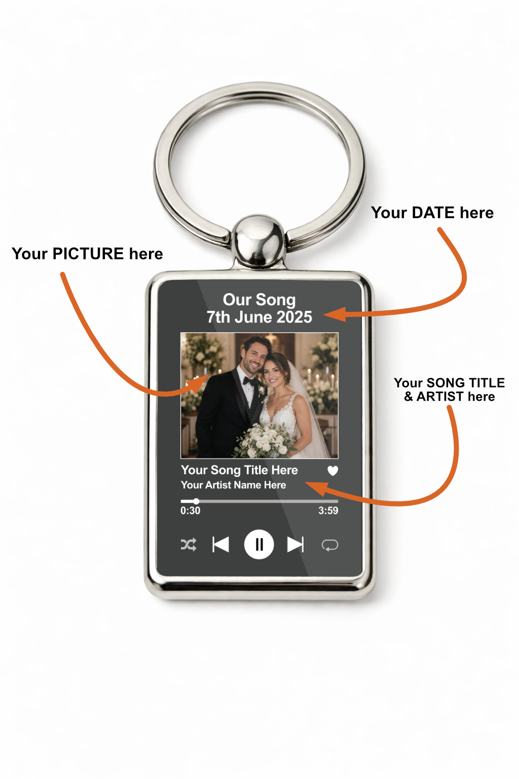 Personalised Wedding Song Keyring, Custom Photo Music Player Keychain, First Dance Song Gift, Double Sided Metal Keyring - Image 2