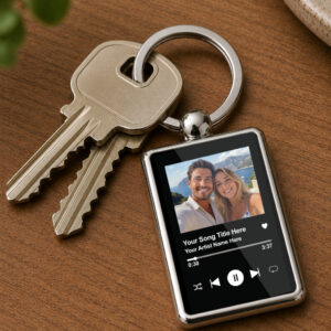 Personalised Photo Music Player Keyring, Custom Spotify Style Keychain, Song Title & Artist Gift, Double Sided Metal Keyring